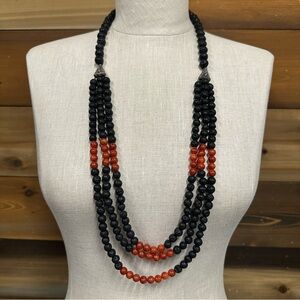 Lava Stone red sponge coral 3 row beaded necklace
